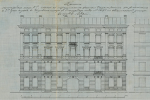 Projekt domu G. Olsztajna, ul. Włókiennicza 16, sygnowany przez G. Landau-Gutentegera, 1891. Ze zbiorów Archiwum Państwowego w Łodzi.