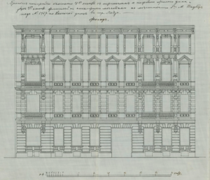 Projekt domu M. Taubera, ul. Włókiennicza 22, sygnowany przez F. Chełmińskiego, 1895. Ze zbiorów Archiwum Państwowego w Łodzi.