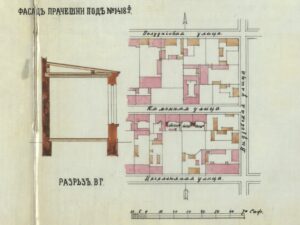 Plan sytuacyjny wschodniej części ulicy Kamiennej. Widoczny jest tu Dom Hilarego Majewskiego w pierwotnym kształcie. Źródło: O dobudowie przez Jakuba Silbersztejna, Mordki Rodola i Izraela Luxenburga trzech, parterowych pralni na nieruchomości numer 1418f, 1418g i 1418h przy ulicy Kamiennej w mieście Łodzi, 1891, Archiwum Państwowe w Łodzi. 