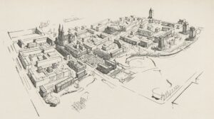 Perspektywa osiedla Stare Miasto rysował inż. arch. R. Karłowicz R. Karłowicz, Przebudowa dzielnicy Bałuty i Starego Miasta w Łodzi, „Architektura”, 1950, nr 1/2, s. 39.
